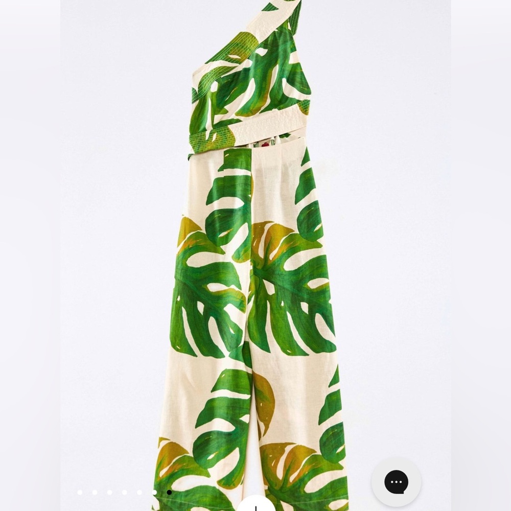 FARM Rio One-Shoulder Tropical Leaf Jumpsuit in Green and Cream